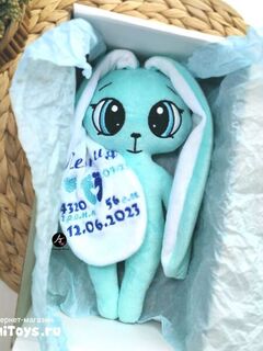 Мягкая игрушка Зайка с длинными ушами. Индивидуальная метрика, Основной цвет: Бирюзовый, изображение 4