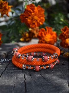 Многорядный браслет из бисера оранжевый, изображение 4