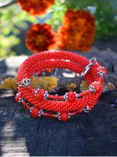 Многорядный браслет из бисера красный, изображение 4